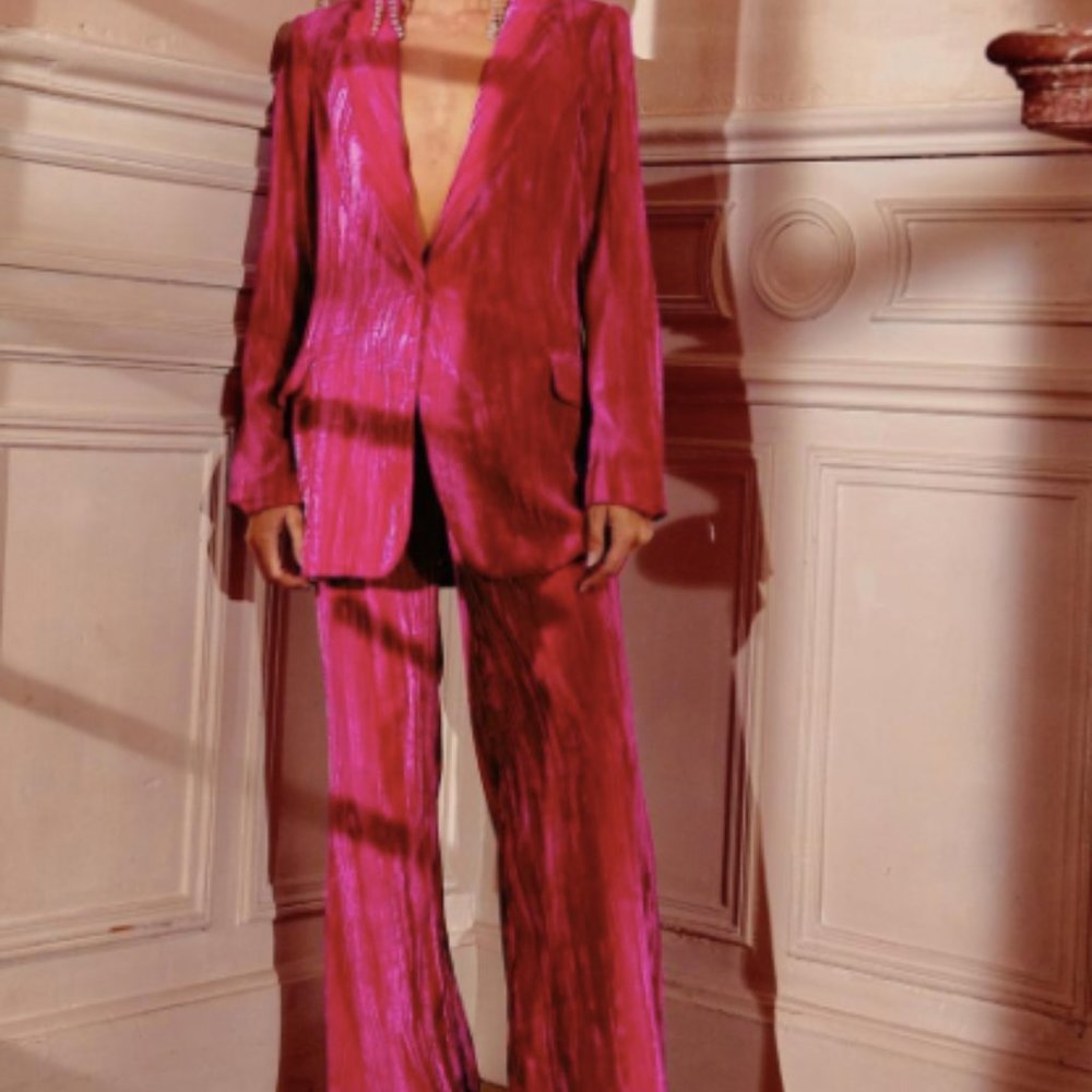 NWT NASTYGAL HOT PINK VELVET WIDE-LEG PANT 6 - Picture 3 of 4